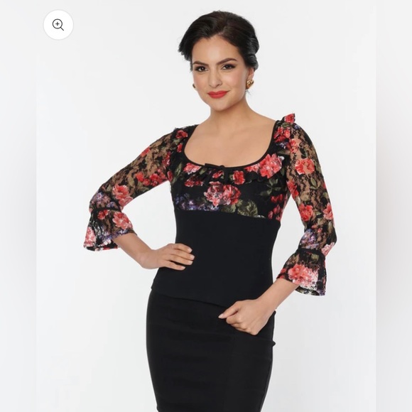Unique Vintage NWT Black Floral Lace Knit Blouse - Picture 5 of 6